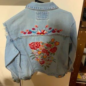 Embroidered light wash denim jacket